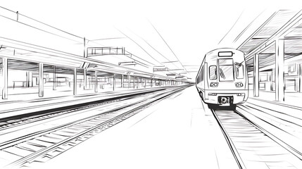 on line drawn train station architectural sketch 3d plan illustration. generative ai