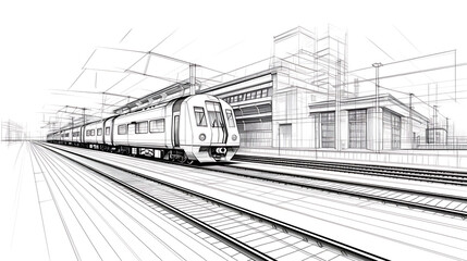 on line drawn train station architectural sketch 3d plan illustration. generative ai