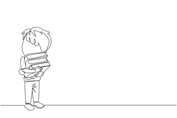 Poster - single continuous line drawing boy standing hugging some books. favorite book that finish reading. s