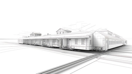 on line drawn train station architectural sketch 3d plan illustration. generative ai