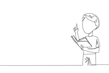 Wall Mural - Single continuous line drawing boy standing reading a book. Gesture gets the idea. Books can see from different points of view. Brilliant idea from reading book. One line design vector illustration