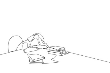 Sticker - Continuous one line drawing woman asleep at the table where there were piles of books. Tired after successfully finish the favorite reading book. Love read. Single line draw design vector illustration