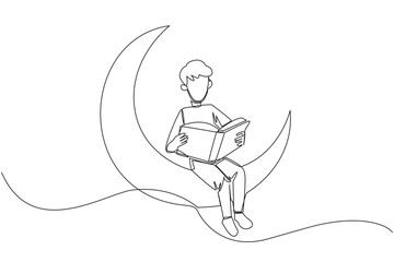 Poster - Single one line drawing man sitting on crescent moon reading a book. Metaphor of reading a fairy story before sleeping. Read until late. Love reading. Continuous line design graphic illustration