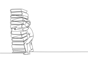 Poster - Single continuous line drawing man hugging a very high pile of books. Hobby to collecting and reading books. Filling free time with useful things. Loving read. One line design vector illustration