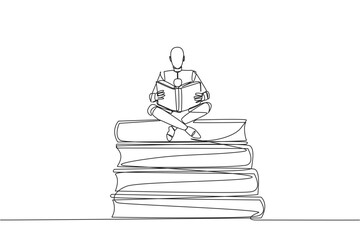 Poster - Continuous one line drawing robot sitting relax reading book on pile of books. Relax while reading fiction book. Enjoy storyline. Book festival concept. Single line draw design vector illustration