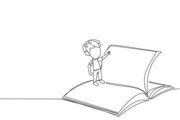 Poster - Single one line drawing boy standing over open ledger turning the pages. Read slowly to understand the contents of each page. Reading increases insight. Continuous line design graphic illustration