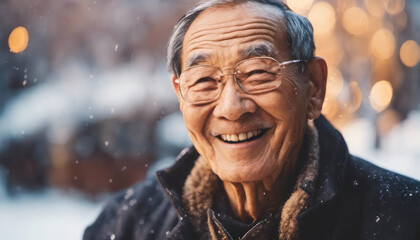 Wall Mural - Elderly man happy in winter snow with copy space