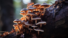 Mushrooms Growing On Rotten Wood