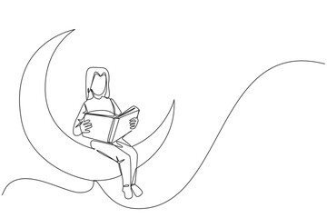 Poster - single one line drawing woman sitting on crescent moon reading a book. metaphor of reading a fairy s
