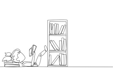 Poster - Single one line drawing girl lying on back reading fiction story book near bookcase. Read slowly to enjoy the storyline. Hobby reading. Very good habit. Continuous line design graphic illustration