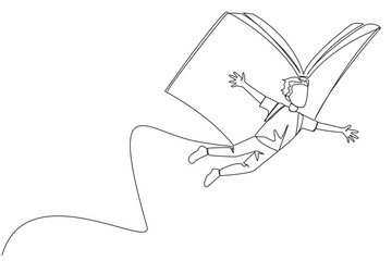 Poster - single continuous line drawing brave man flying with wings that come from an open big book. the meta