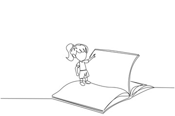 Poster - Single one line drawing girl standing over open ledger turning the pages. Read slowly to understand the contents of each page. Reading increases insight. Continuous line design graphic illustration
