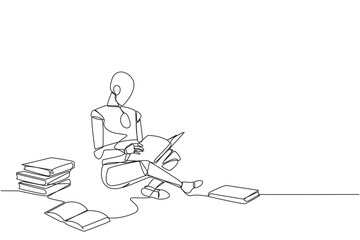 Poster - Continuous one line drawing robot sitting relax in library reading lot of books. Looking for answers to assignments. Hobby reading. Book festival concept. Single line draw design vector illustration
