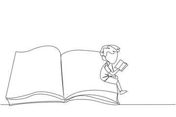 Poster - single one line drawing serious boy sitting on the edge of a large open book. study before exam time