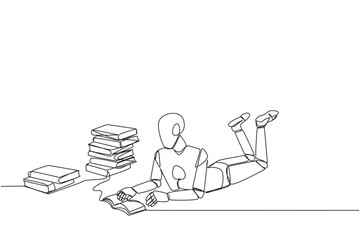 Poster - single continuous line drawing smart robot really likes reading. everyday one book is read. good hab
