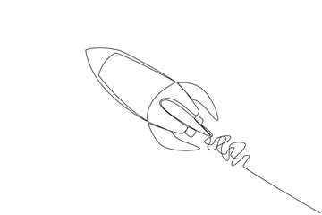 Poster - single continuous line drawing flying rocket. a rocket that has taken off from the earth. preparing 