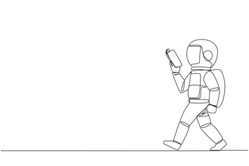 Poster - Continuous one line drawing astronaut walking to the left reading book. Gesture of memorizing something from book. Read anywhere. Addicted reading. Book festival. Single line draw vector illustration