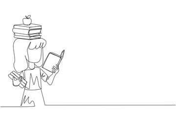 Poster - Single continuous line drawing girl read book practicing balance. Stack books on top of head along with the apple. Balancing reading rhythm, train focus. Love read. One line design vector illustration