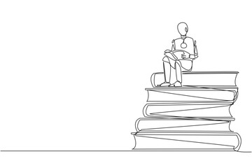 Poster - Single one line drawing robotic sitting on pile of books reading book. High interest in reading. Opening horizon of thinking. Tech book festival concept. Continuous line design graphic illustration