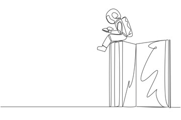 Poster - Single one line drawing young astronaut sitting on a big open book reading a book. Serious and focus learning increases insight. Book festival concept. Continuous line design graphic illustration