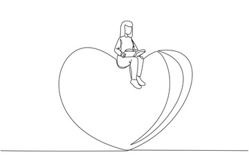 Poster - Single continuous line drawing woman sitting on big heart. Read romantic fiction books. Enjoy the storyline. Hobby reading story books. Book festival concept. One line design vector illustration