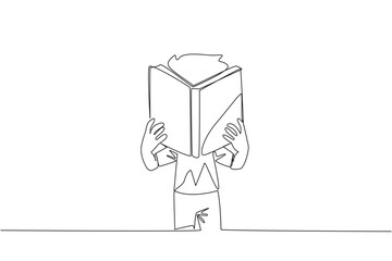 Poster - single continuous line drawing boy seriously reading a book until cover the face. nervous when facin