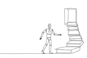 Poster - Continuous one line drawing robot climb stairs from the book stack. Towards the wide open door. Metaphor of finding the answers from books. Book festival. Single line draw design vector illustration