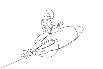 Poster - Continuous one line drawing astronaut flying on a rocket reading book. Always reading books anywhere. The book inspires to become scientist. Book festival. Single line draw design vector illustration