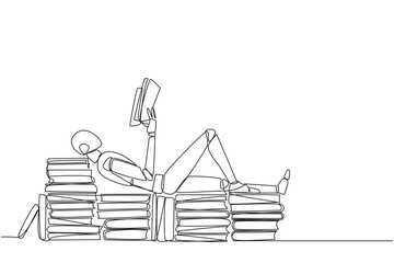 Poster - Single one line drawing robot lying down on a stack of books lined up. Relax while reading the fiction book. Enjoy the storyline. Book festival concept. Continuous line design graphic illustration