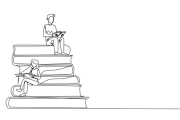 Poster - Single one line drawing man woman sitting on a pile of books reading a book. High interest in reading. Opening horizons of thinking. Book festival concept. Continuous line design graphic illustration