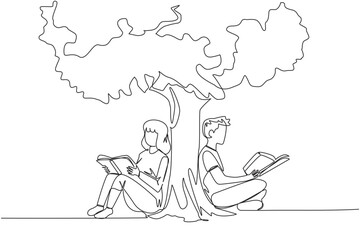 Poster - Single continuous line drawing man woman sitting reading the book under shady tree. Continuing the second volume of the fiction story book. Enjoy reading. Book festival. One line vector illustration