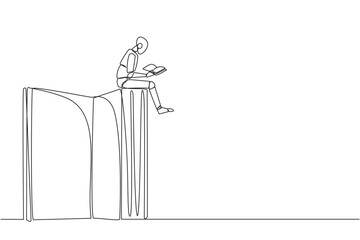Poster - Continuous one line drawing smart robotic sitting on a big open book reading a book. Serious and focus learning increases insight. Book festival concept. Single line draw design vector illustration