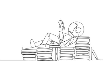 Poster - Single one line drawing astronaut lying down on a stack of books lined up. Relax while reading the fiction book. Enjoy the storyline. Book festival concept. Continuous line design graphic illustration