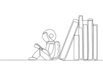 Poster - Single continuous line drawing astronaut reading sitting leaning against pile of books. Habit of reading book every day. Library. Good habit. Book festival concept. One line design vector illustration