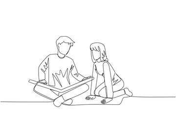 Poster - continuous one line drawing man woman sit down and put reading book on feet. interesting to read the