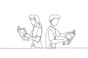 Poster - single one line drawing man woman very focused on reading the book. reading fiction story books duri