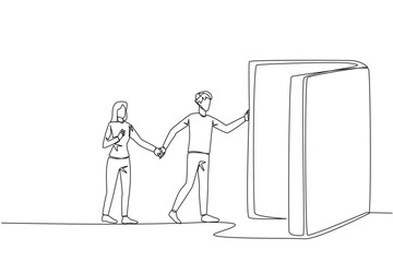 Poster - single continuous line drawing man woman open the book-shaped door. books can open mind and see ever