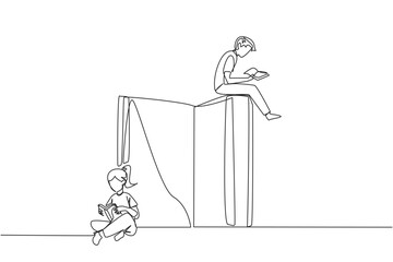 Poster - Single one line drawing man woman sitting reading the books while the big book is open. Serious and focus learning increases insight. Book festival concept. Continuous line design graphic illustration