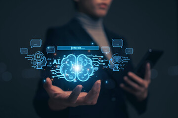 Fototapete - Chatbot chat with AI. Artificial intelligence. The concept of accessing imagination by feeding commands to Ai to create what is in our mind with futuristic technology through the Internet..