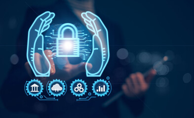 Poster - Cyber ​​security protection concept, personal data protection and financial transaction protection. Security lock technology protects personal information on smartphones.