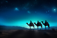 Silhouette Of Three Wise Men Riding A Camel Along The Star Path. To Meet Jesus At First Birth.
