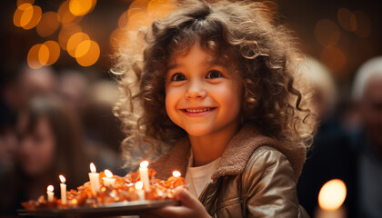 Canvas Print - Smiling child holds candle, celebrating birthday with joyful family generated by AI