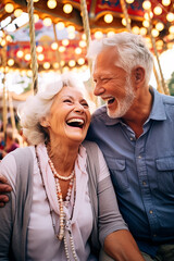 happy gray-haired elderly retired couple laughs, smiles in an amusement park during a festival. Generative AI,