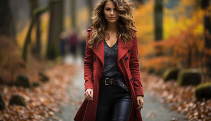 Poster - One woman walking in the autumn forest, smiling and fashionable generated by AI