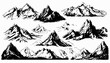 Sketch, hand drawn collection mountain peaks. Scribble. Pen, pencil, ink, hand drawn mountain peaks. Sketch mountains various shapes heights, isolated transparent background. Vector not created by AI