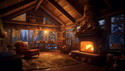 Poster - Cozy winter night, illuminated by burning fireplace and Christmas tree generated by AI