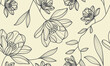 © Наталья Дьячкова - Hand Drawn Floral Seamless Pattern with Flowers and Leaves in Linear Style. Botanical Minimal Abstract Pattern. Trendy Contemporary Print with Flowers. Vector Fashionable Repeat Template for Design.