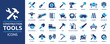 Construction tools icon set. Containing screwdriver, hammer, drill, shovel, concrete mixer, paintbrush, wrench, saw, pliers and more. Solid icons collection, vector illustration.