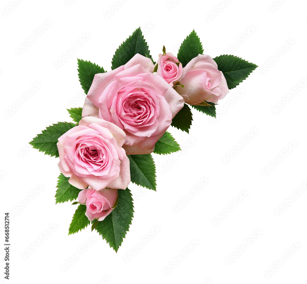 Pink rose flowers with green leaves in a floral corner arrangement ...