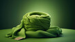 Green knitted fabric on a green background.